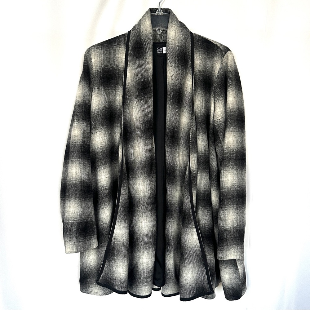 SAKS FIFTH AVE THREADS WOOL BLEND SHAWL COLLAR OPEN PLAID CARDIGAN SWING COATSzL